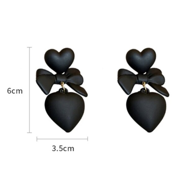 Large Retro Black Heart Bow Dangle Statement Earrings Y2K Big - Picture 6 of 7